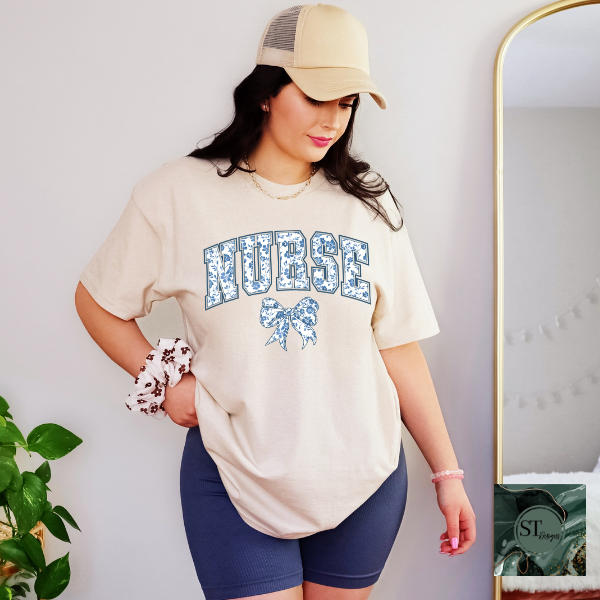 Nurse Blue floral bow T-Shirt