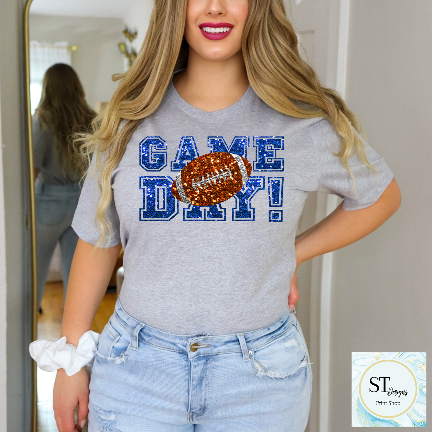 Blue Glitter Game Day Football