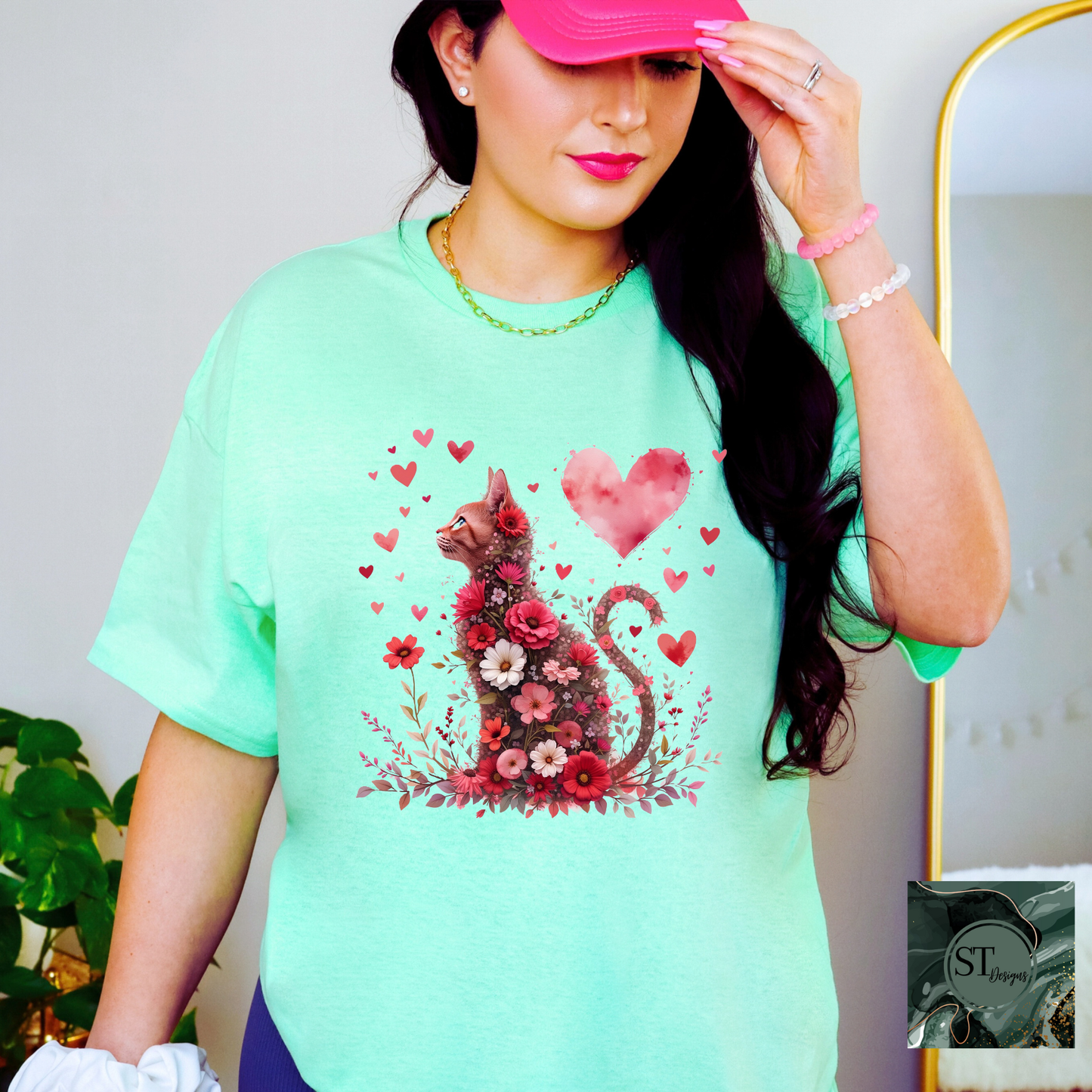 Floral Hearts Valentine Cat