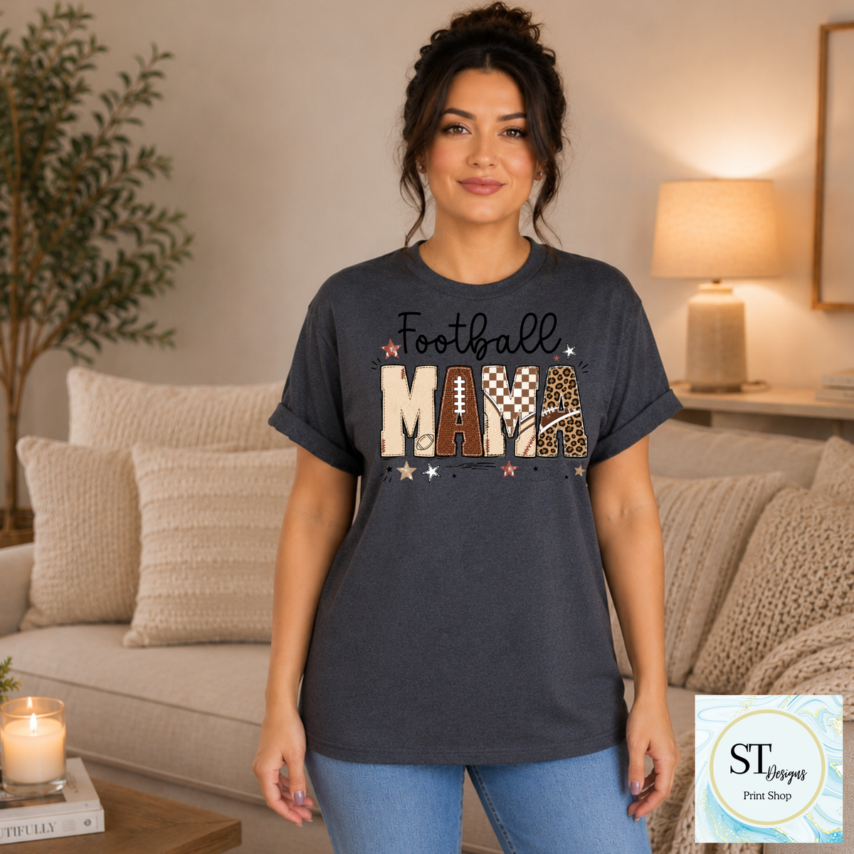 Football Mama Leopard Stitched Print