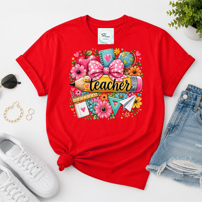 Cute Teacher Graphic T-Shirt | Pencil & Floral Teacher Shirt | Back to School Teacher Tee | Teacher Appreciation Gift | Unisex S-5XL