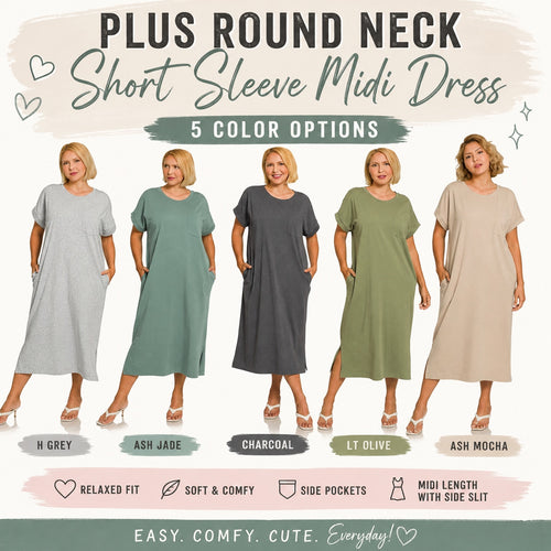 Women's Plus Size Pocket Midi Dress | Soft Stretch Everyday Casual Dress with Rolled Sleeves