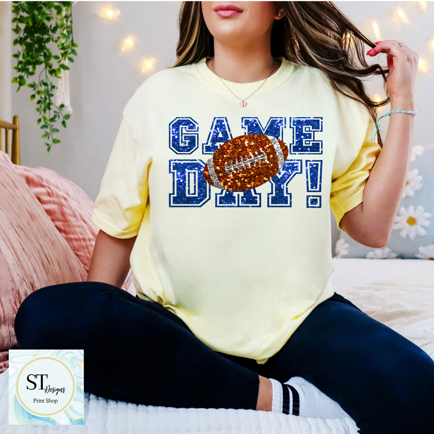 Blue Glitter Game Day Football