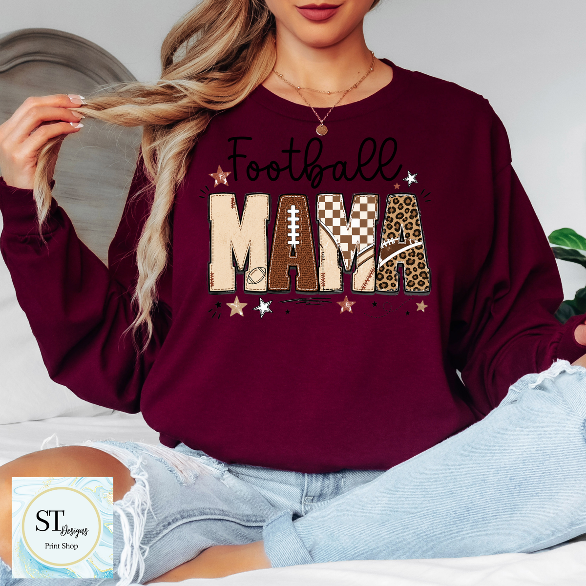 Football Mama Leopard Stitched Print