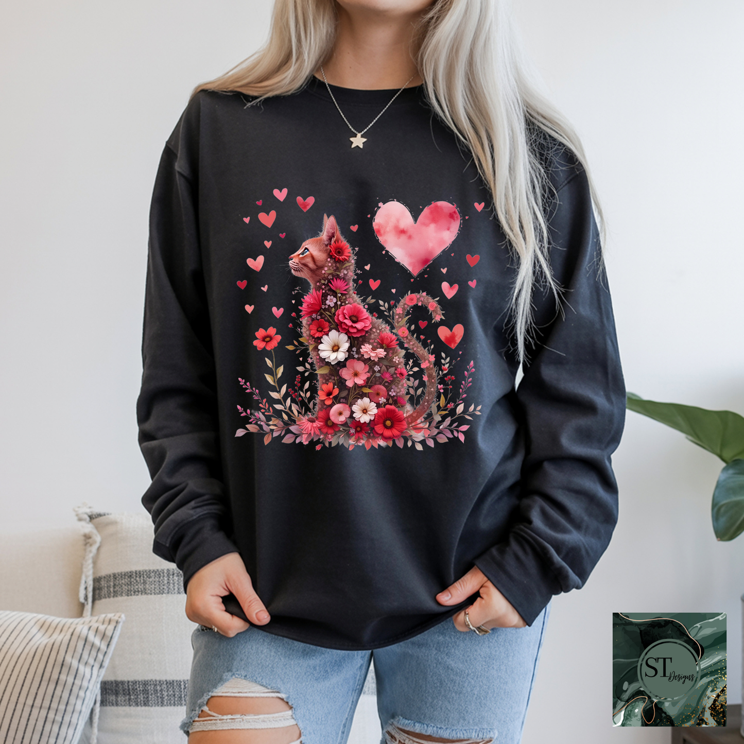 Floral Hearts Valentine Cat