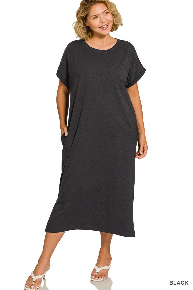 Women's Plus Size  Midi Dress | Soft Stretch Everyday Casual Dress with Rolled Sleeves