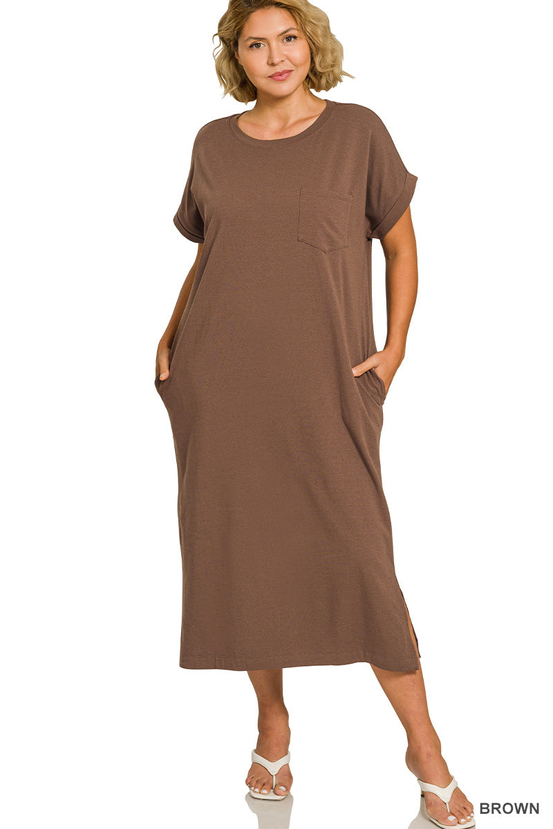 Women's Plus Size  Midi Dress | Soft Stretch Everyday Casual Dress with Rolled Sleeves