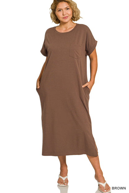 Women's Plus Size  Midi Dress | Soft Stretch Everyday Casual Dress with Rolled Sleeves