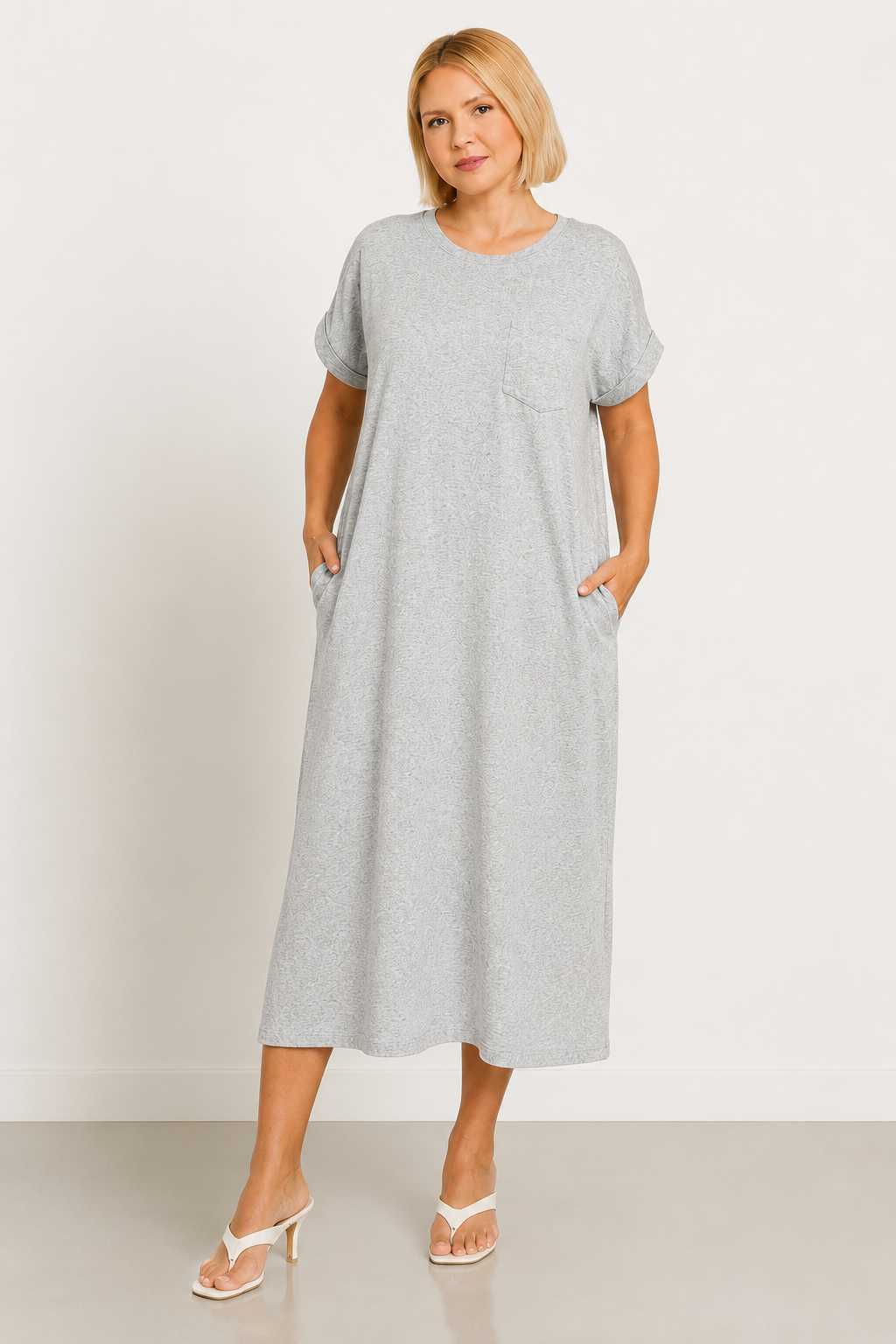 Women's Plus Size Pocket Midi Dress | Soft Stretch Everyday Casual Dress with Rolled Sleeves