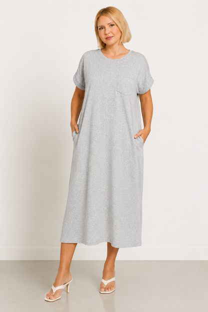 Women's Plus Size Pocket Midi Dress | Soft Stretch Everyday Casual Dress with Rolled Sleeves