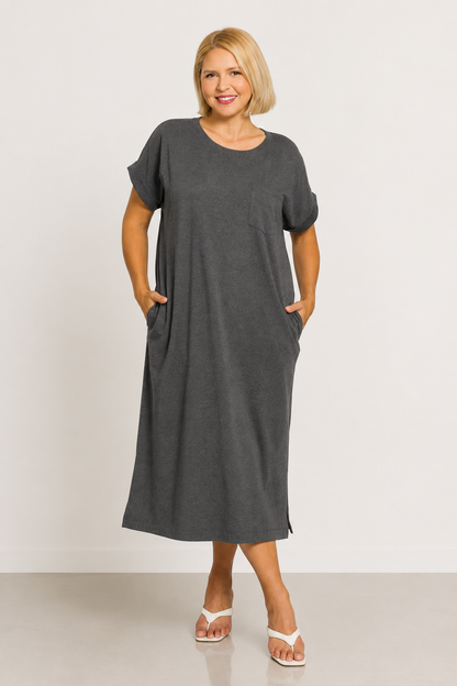 Women's Plus Size Pocket Midi Dress | Soft Stretch Everyday Casual Dress with Rolled Sleeves