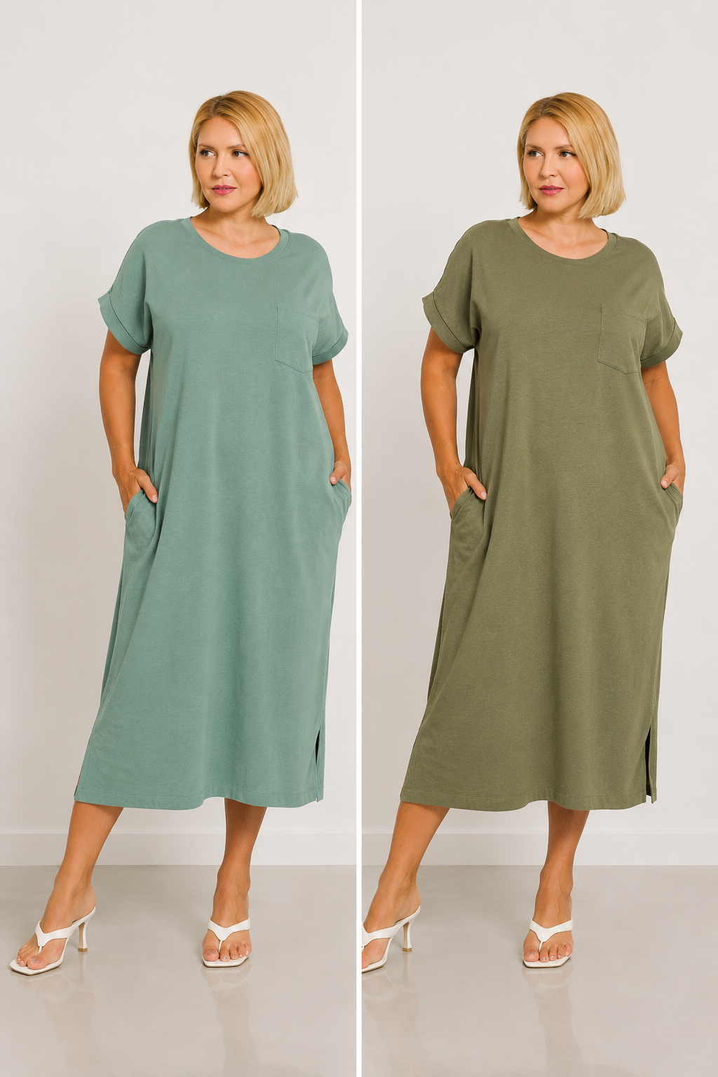 Women's Plus Size Pocket Midi Dress | Soft Stretch Everyday Casual Dress with Rolled Sleeves
