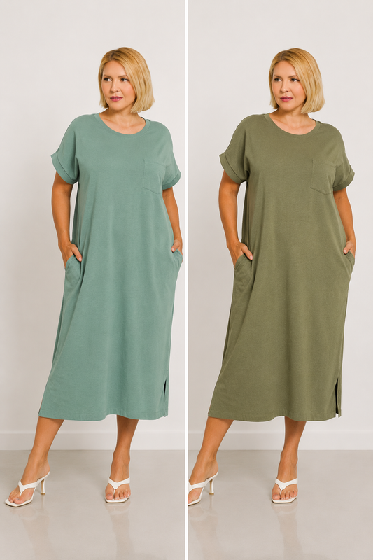 Women's Plus Size Pocket Midi Dress | Soft Stretch Everyday Casual Dress with Rolled Sleeves