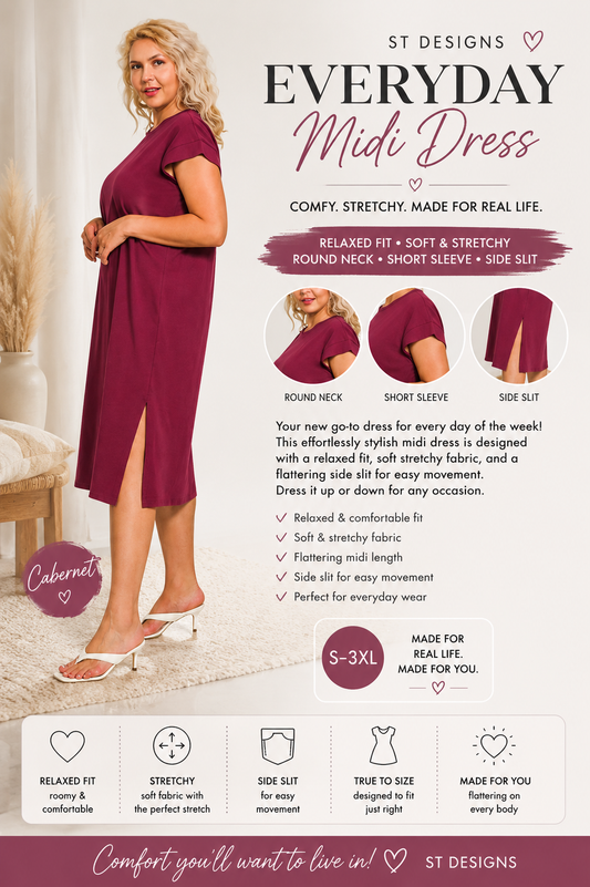 Women's Plus Size  Midi Dress | Soft Stretch Everyday Casual Dress with Rolled Sleeves
