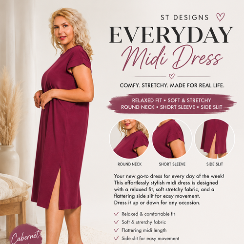 Women's Plus Size  Midi Dress | Soft Stretch Everyday Casual Dress with Rolled Sleeves