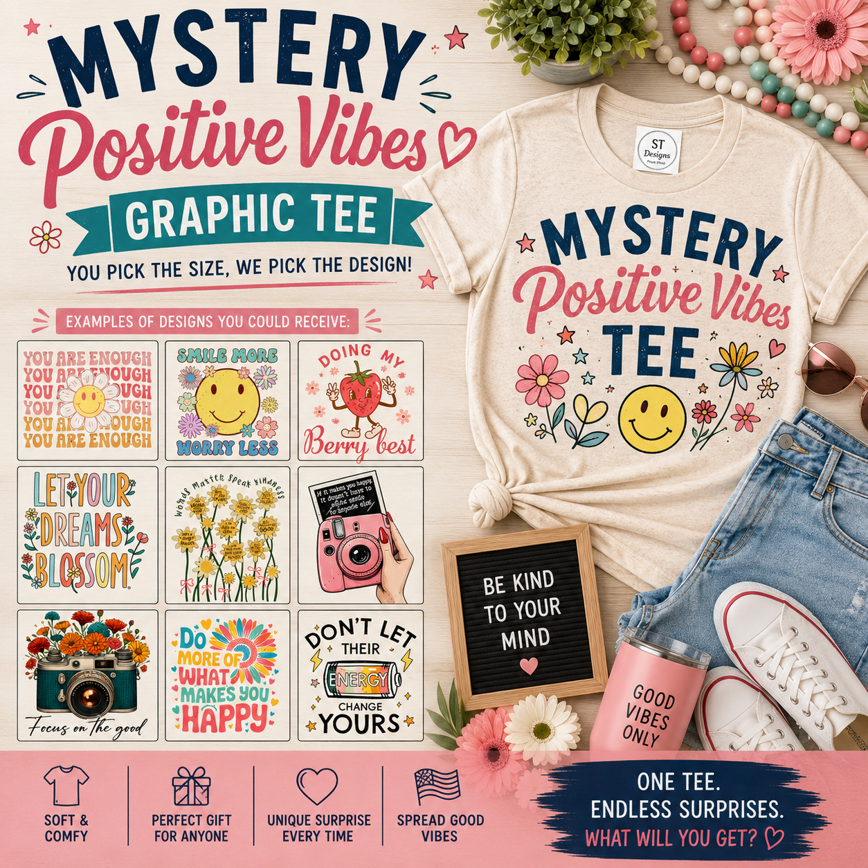 Mystery Positive Vibes Graphic Tee | You Pick the Size, We Pick the Desig