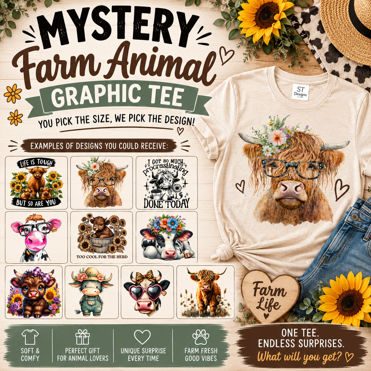 Mystery Farm Animal Graphic Tee | You Pick the Size, We Pick the Design