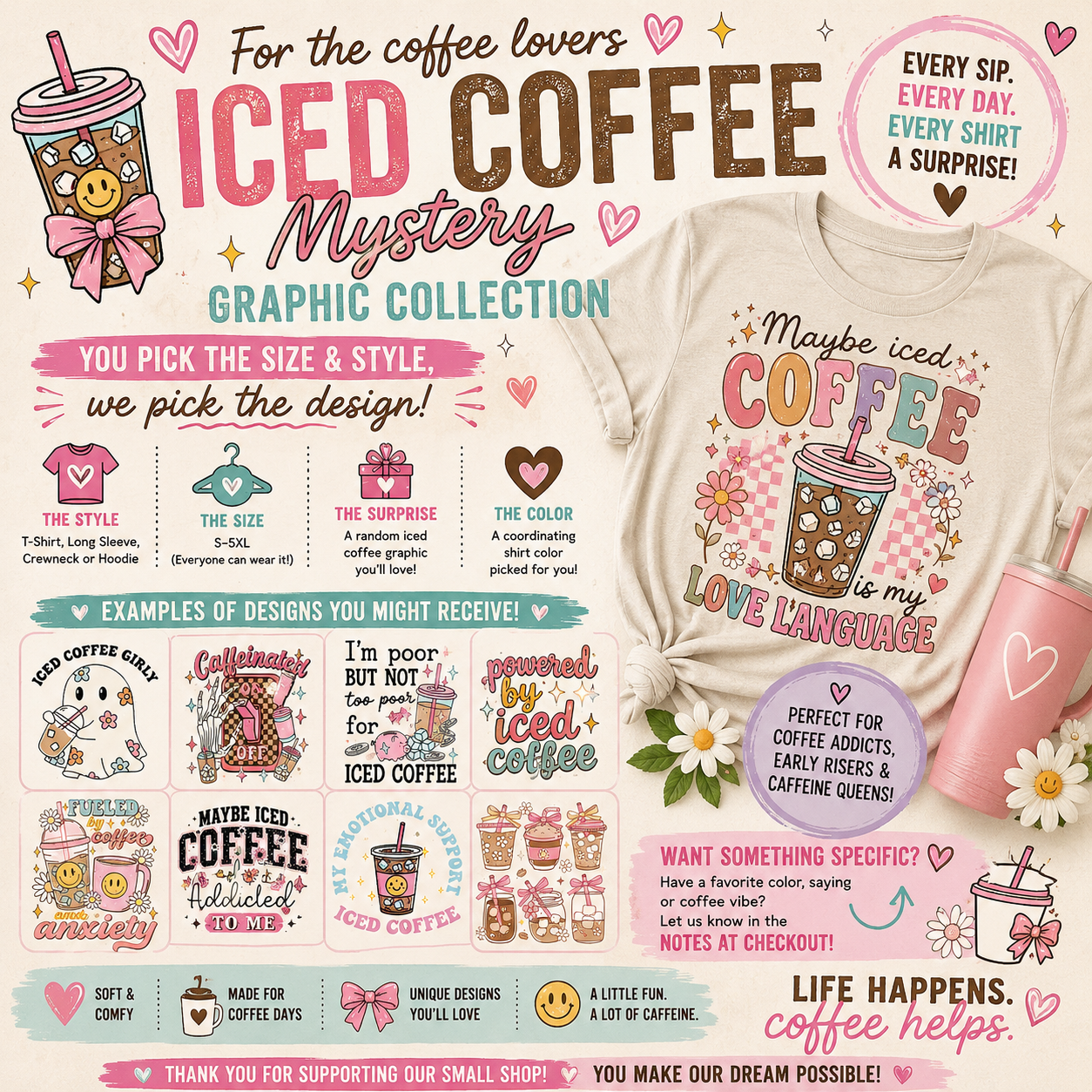 Iced Coffee Mystery Apparel Coffee Lover Graphic Tee, Hoodie & Crewneck Surprise
