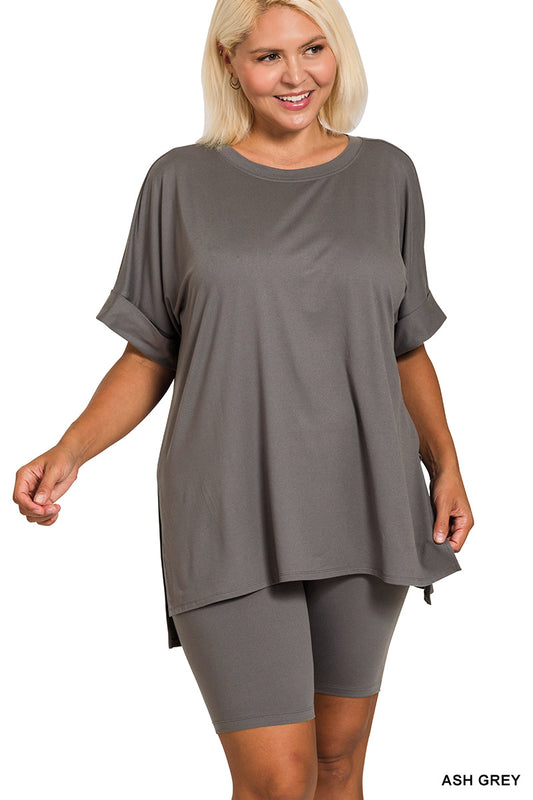 Plus brushed microfiber r-neck top & biker shorts set