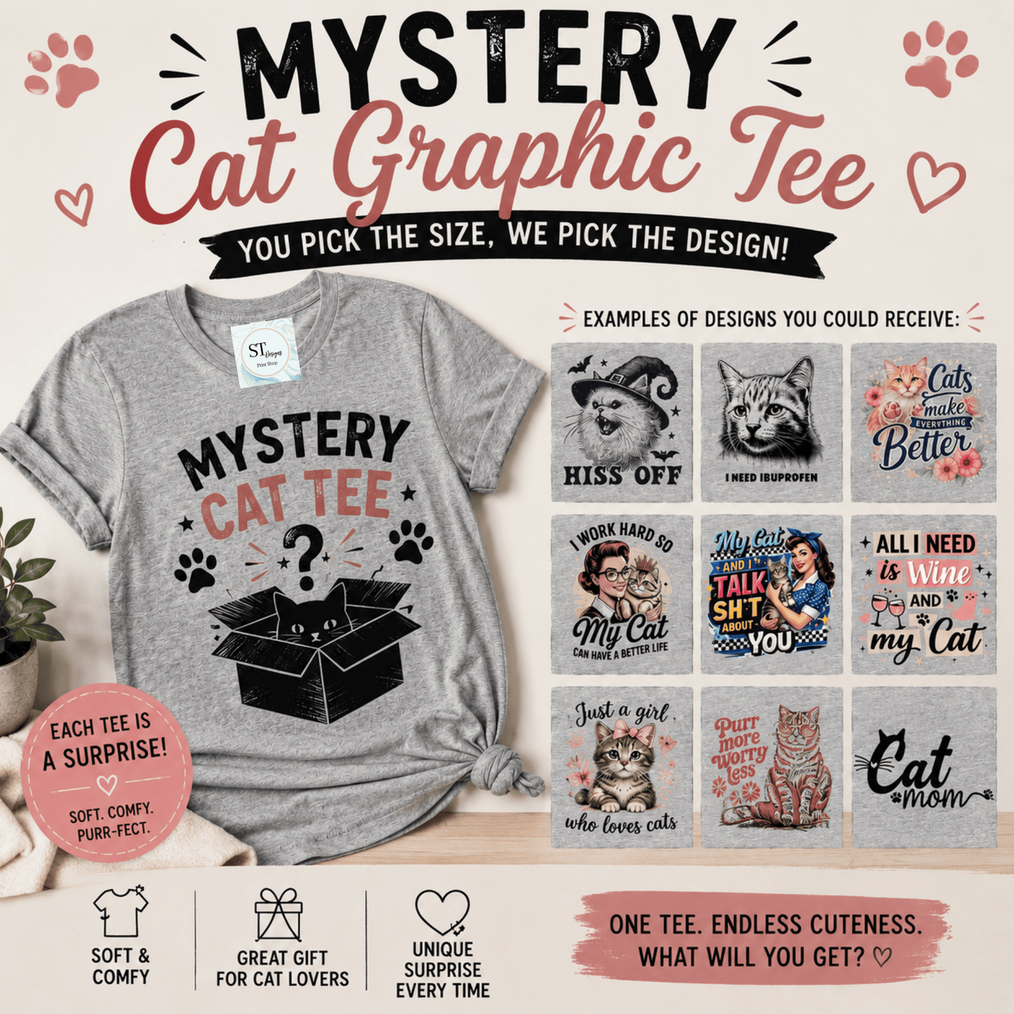 Mystery Cat Graphic Tee Surprise Cute Cat Lover Shirt