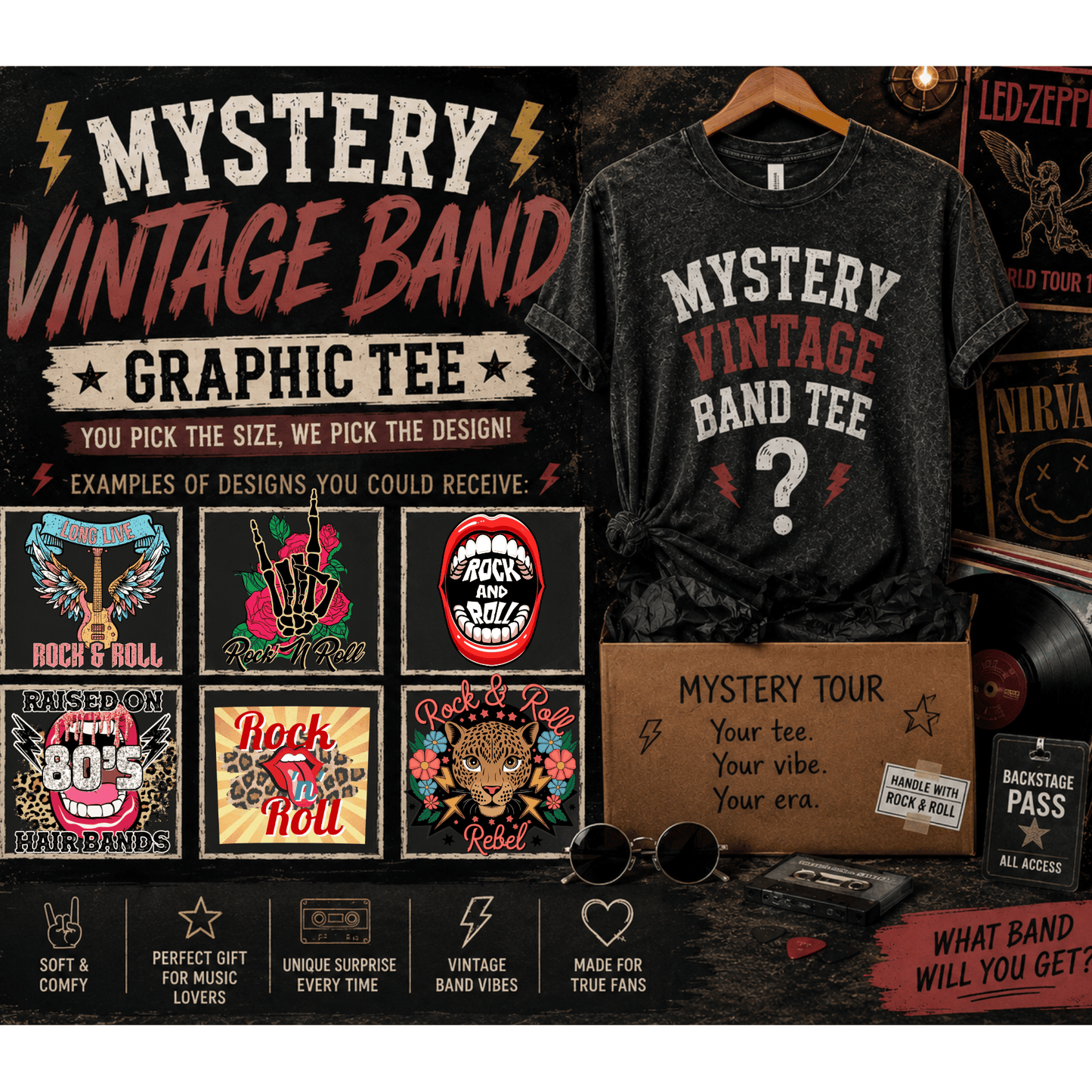 Mystery Vintage Band Graphic Tee Surprise Rock Concert Shirt