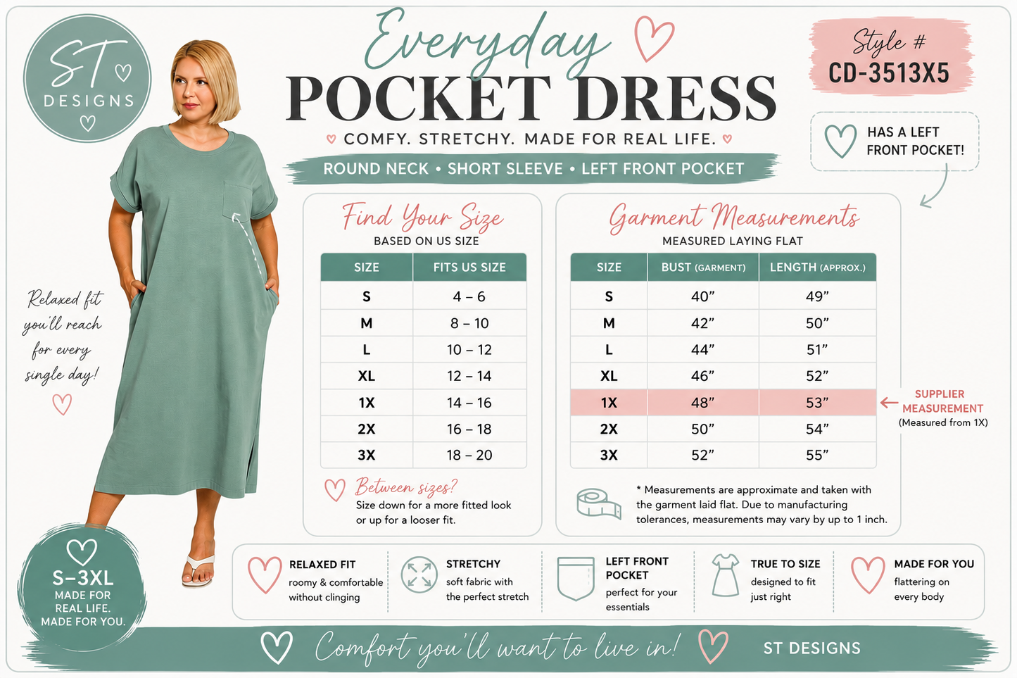 Women's Plus Size Pocket Midi Dress | Soft Stretch Everyday Casual Dress with Rolled Sleeves