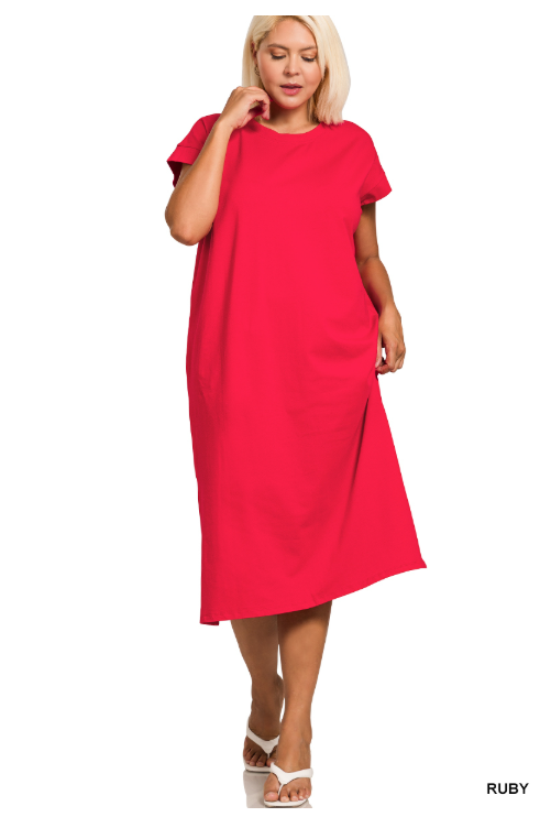 Women's Plus Size  Midi Dress | Soft Stretch Everyday Casual Dress with Rolled Sleeves