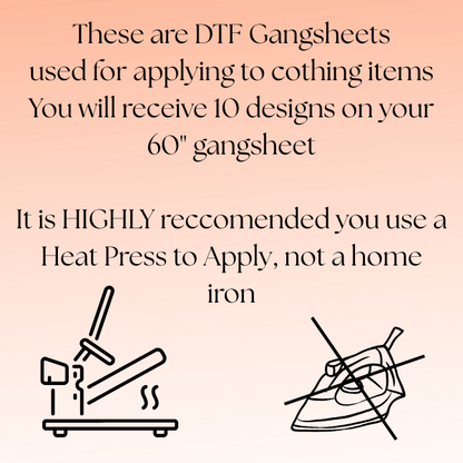 Text and icons explaining DTF gangsheets for clothing with a heat press recommendation on a pink background.