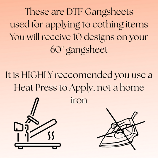 Text and icons explaining DTF gangsheets for clothing with a heat press recommendation on a pink background.