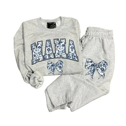 Blue Floral Custom Name Bow Sweatshirt or Joggers