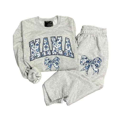 Blue Floral Custom Name Bow Sweatshirt or Joggers
