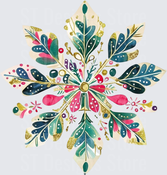 Watercolor Botanical Snowflake Mandala with Teal Leaves Pink Florals and Gold Glitter Accents DTF Transfer