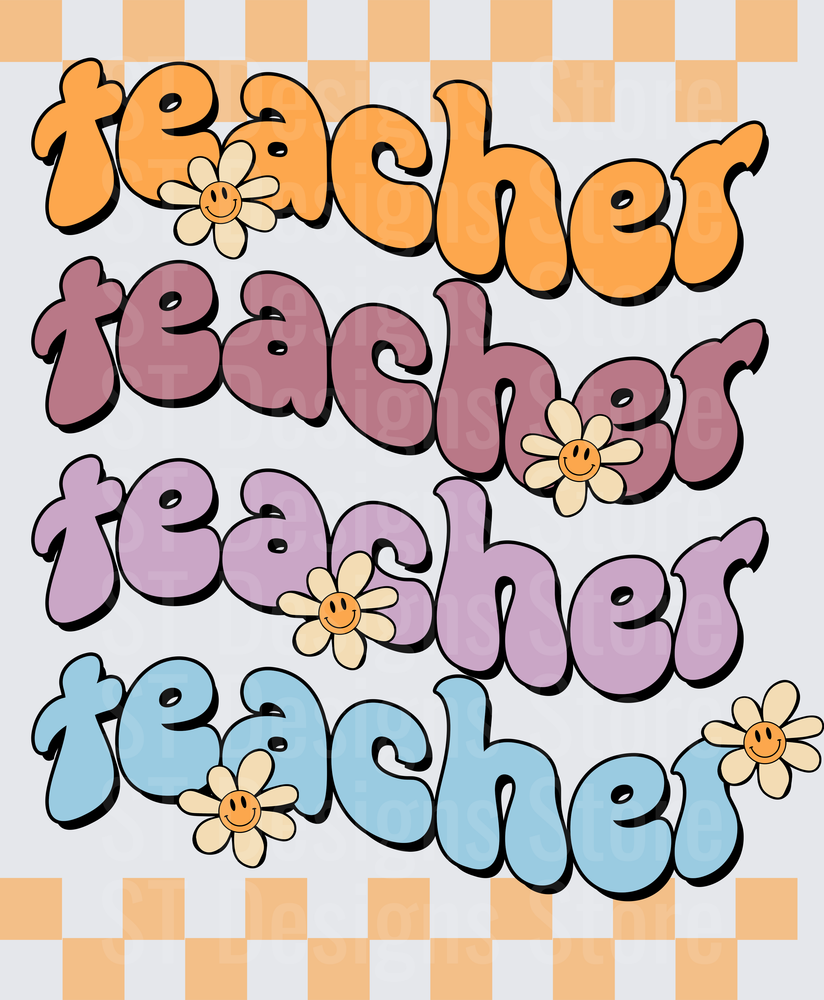 Retro Groovy Teacher Stacked Text with Smiley Face Daisy Flowers in Orange Purple Mauve and Blue Checkered Background DTF Transfer