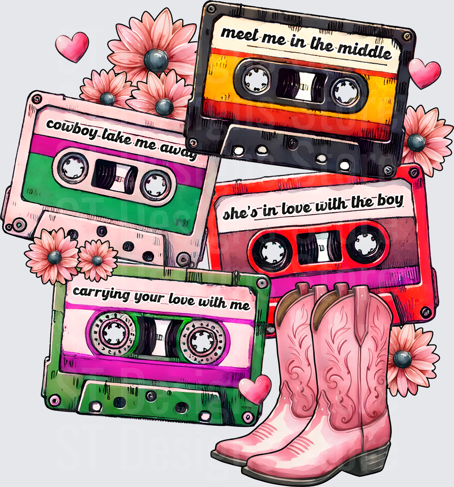 Retro Country Music Cassette Tapes Pink Cowboy Boots Floral Hearts Western Mixtape DTF Transfer