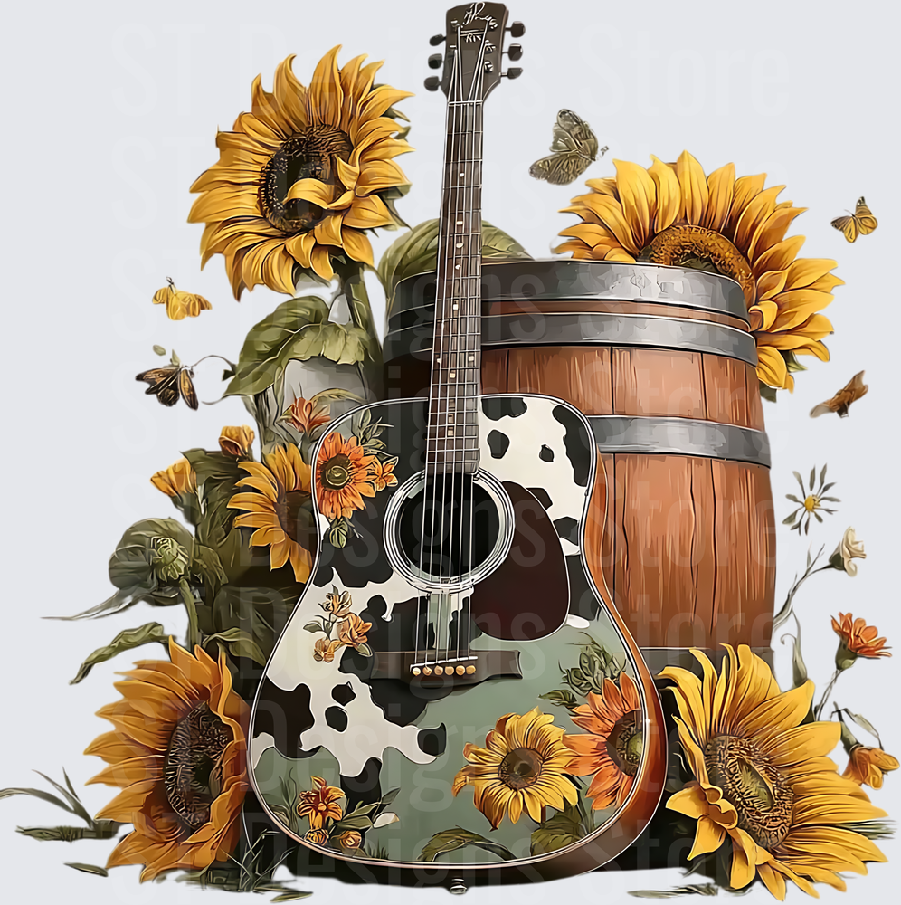 Cow Print Acoustic Guitar Sunflowers Wooden Barrel Butterflies Western Country DTF Transfer