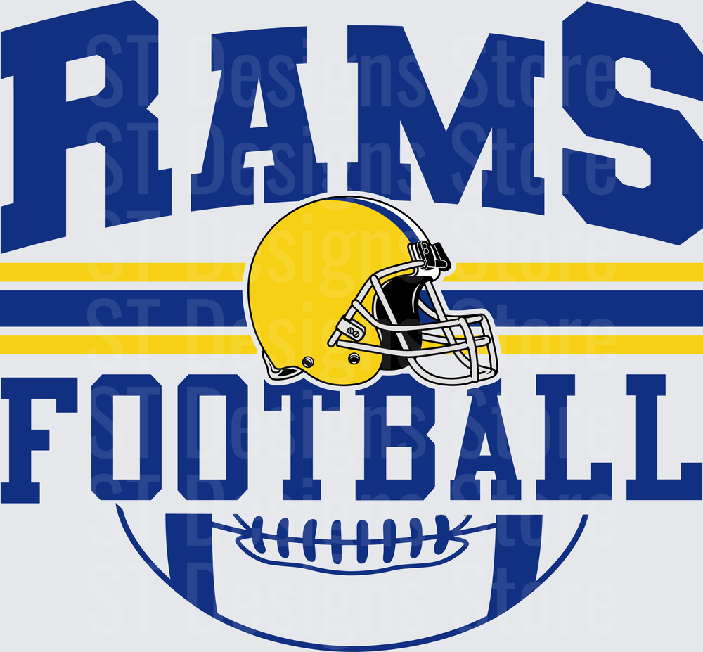 Rams Football Bold Blue and Gold Helmet with Striped Banner and Football Graphic DTF Transfer