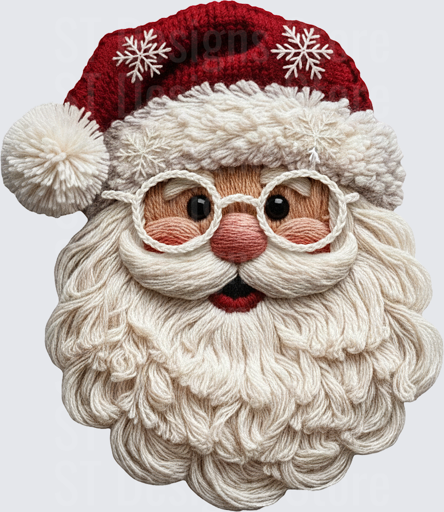 Cozy Yarn Embroidery Style Santa Claus Face with Fluffy White Beard Round Glasses and Snowflake Knit Hat DTF Transfer
