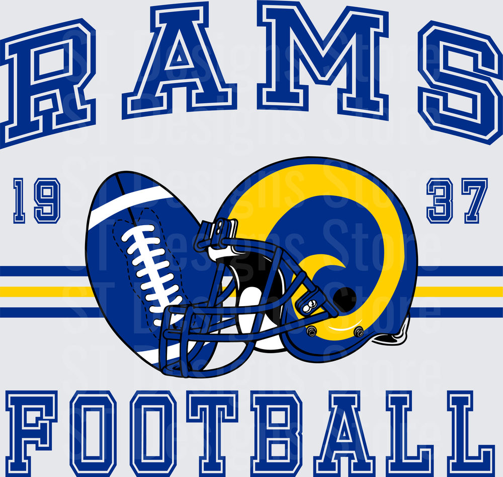 Rams Football 1937 Vintage Blue and Gold Helmet with Football Graphic DTF Transfer