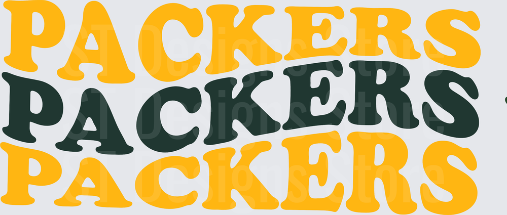 Green Bay Packers Retro Wavy Groovy Stacked Text Gold and Green NFL Football Fan DTF Transfer