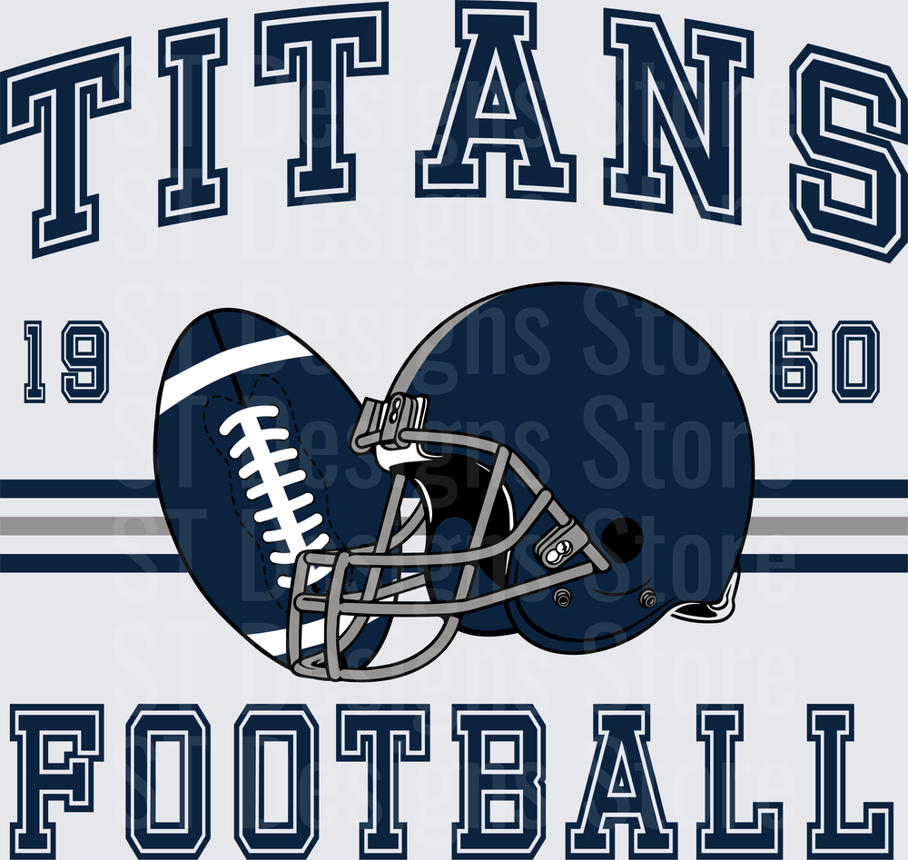 Titans Football 1960 Navy Blue Helmet and Football Varsity Arch Lettering DTF Transfer