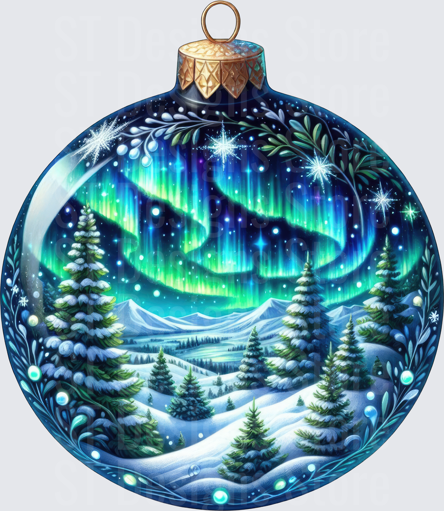 Magical Northern Lights Winter Wonderland Christmas Ornament Snow Covered Pine Trees Aurora Borealis Night Sky DTF Transfer