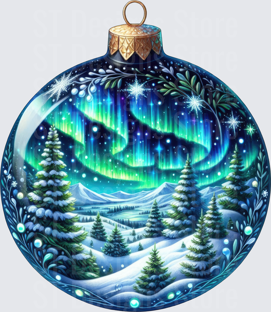 Magical Northern Lights Winter Wonderland Christmas Ornament Snow Covered Pine Trees Aurora Borealis Night Sky DTF Transfer