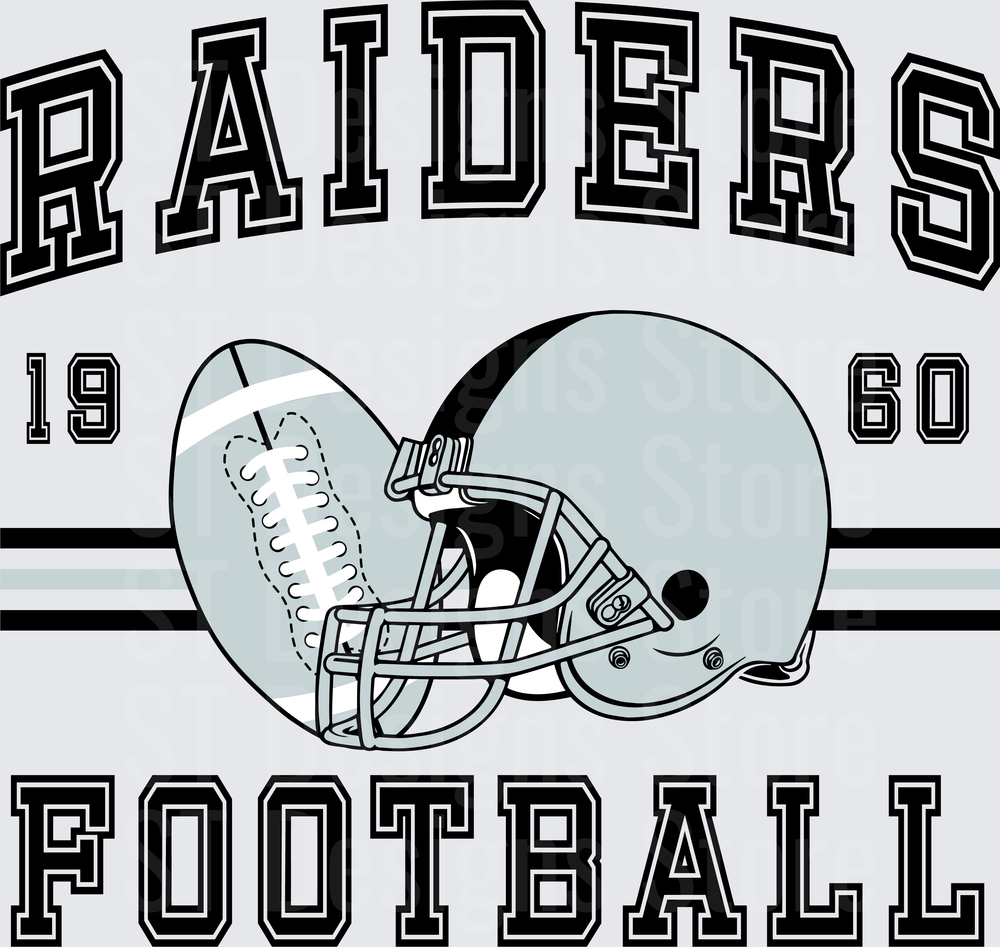 Raiders Football 1960 Vintage Varsity Arch with Football Helmet Graphic DTF Transfer