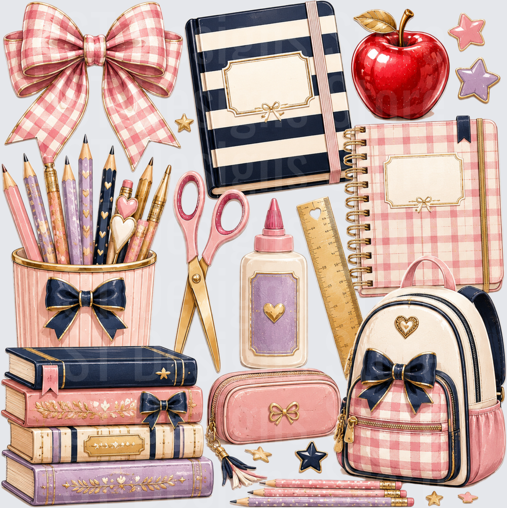 Coquette Back to School Supplies Cluster Pink Navy Gingham Bow Notebooks Books Backpack Pencils Scissors Apple Gold Accents DTF Transfer