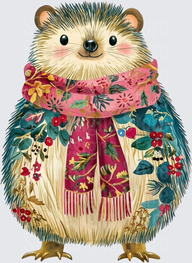 Cute Watercolor Hedgehog Wearing Floral Scarf with Holiday Berries and Leaves DTF Transfer