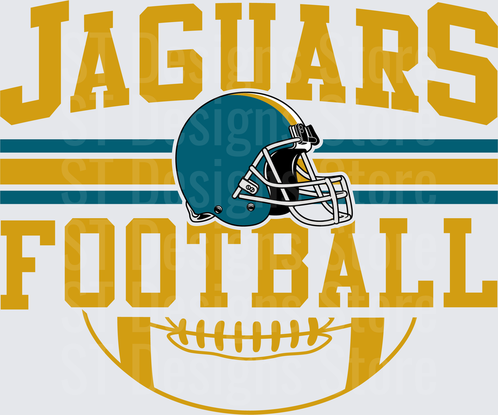 Jaguars Football Teal and Gold Helmet with Striped Banner and Football Graphic DTF Transfer