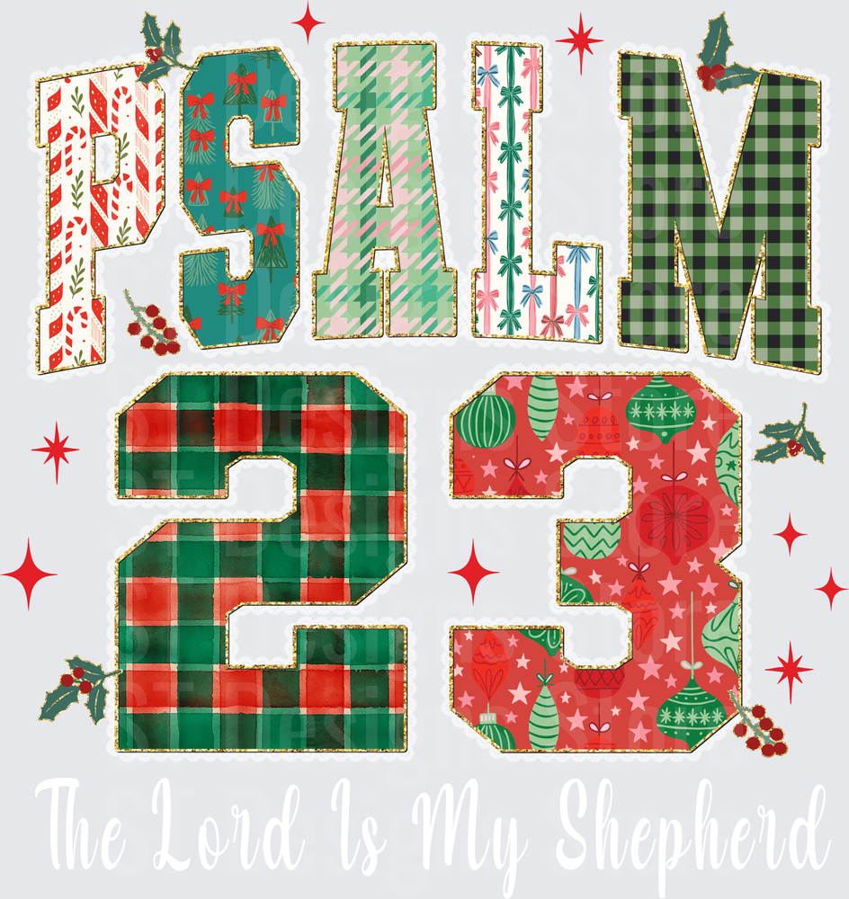 Christmas Plaid Patchwork Scripture Verse Holiday Varsity Letter Design with Holly Berries and Ornaments DTF Transfer