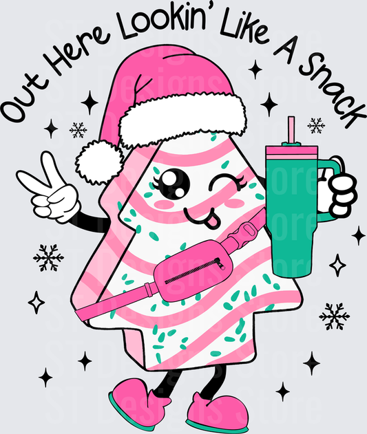 Cute Christmas Candy Character Wearing Santa Hat Holding Tumbler Cup With Crossbody Bag Out Here Lookin Like A Snack Holiday DTF Transfer