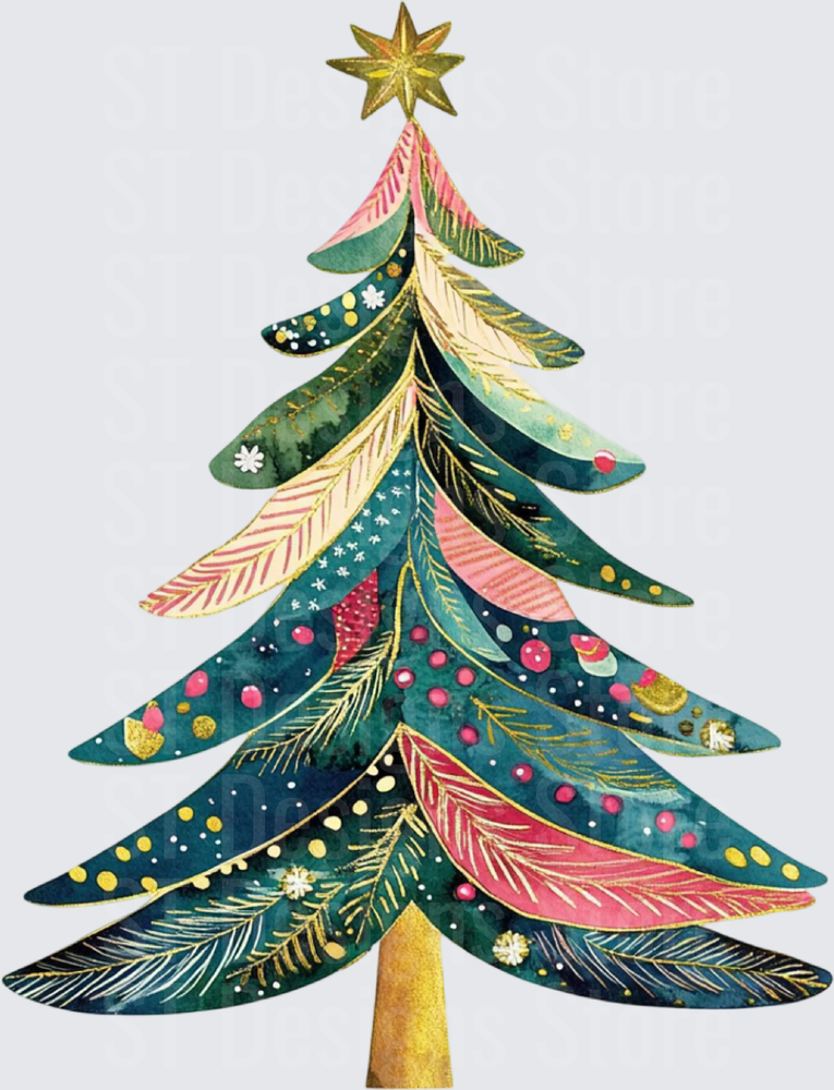 Watercolor Boho Christmas Tree with Gold Star Topper Pink Teal Feather Branches Festive Holiday DTF Transfer