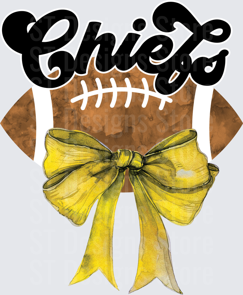Chiefs Script Watercolor Football with Gold Coquette Bow DTF Transfer